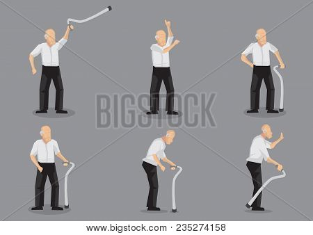 Set Of Six Vector Illustrations Of Blading Old Man Cartoon Character Holding A Walking Stick In Vari