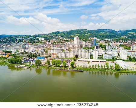 Linz City Centre And Danube River Aerial Panoramic View In Austria. Linz Is The Third Largest City O