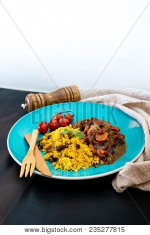 Kefta Tagine Moroccan Meatballs Served With Semolina and Vegetables 
