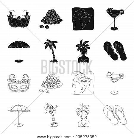 Brazil, Country, Umbrella, Beach . Brazil Country Set Collection Icons In Black, Outline Style Vecto