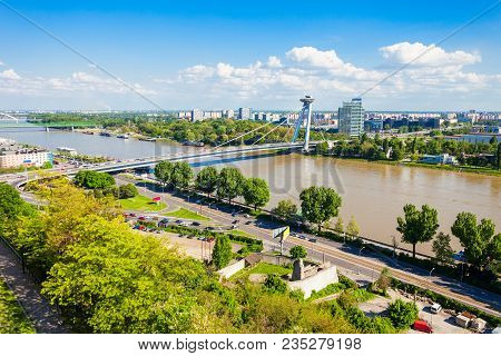 Most Snp New Bridge Or The Ufo Bridge Or Novy Most In Bratislava, Slovakia. Snp Most Bridge Is A Roa