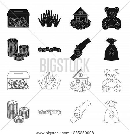 A Pile Of Coins For Donations, Colored Cubes With An Inscription, A Handshake, A Bag Of Money For Do