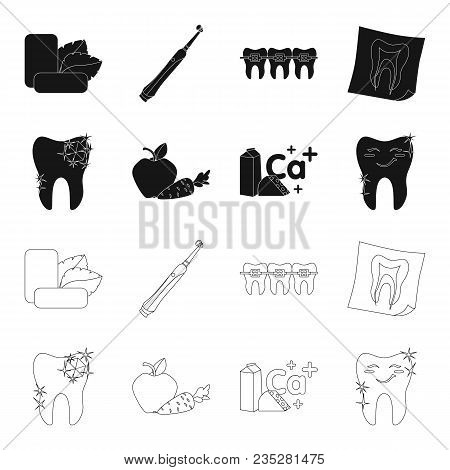 A Tooth With Brilliant Sparkling, An Apple With Carrots Useful For Teeth, Milk In A Box, Cheese And 