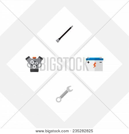 Icon Flat Service Set Of Wrench, Engine, Battery And Other Vector Objects. Also Includes Car, Motor,
