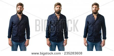 Young man with beard making funny face fooling isolated over white background