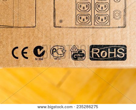 Paris, France - Mar 29, 2018: Certificate Of Conformity  Signs Of Diverse Countries On Box Of Apc Sm