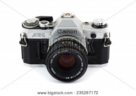 Springfield, Or - April 6, 2018: Canon Ae-1 35mm Film Camera Against An Isolated White Background In