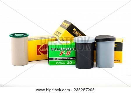 Springfield, Or - April 6, 2018: Expired 35mm Film Against An Isolated White Background In Studio.