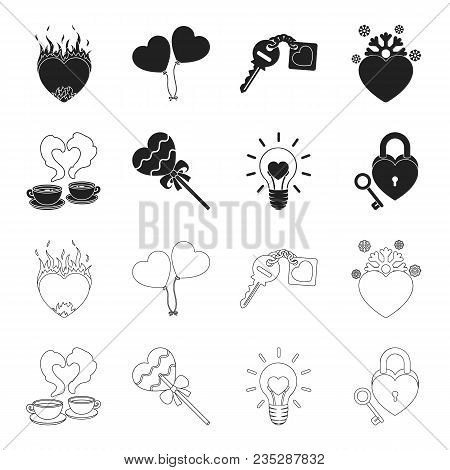 Cups With Coffee, Valentine, Lamp, Lock With Key. Romantic Set Collection Icons In Black, Outline St