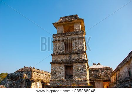 Palenque, Chiapas, Mexico: The Palace, One Of The Mayan Buiding Ruins In Palenque. The Palace Is Cro