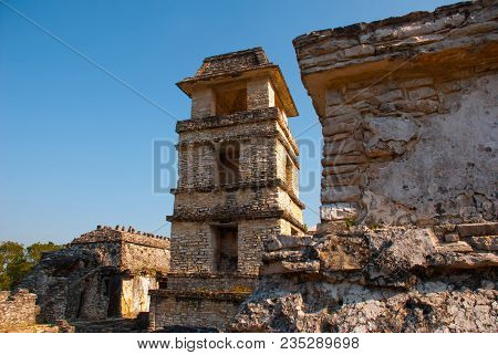 Palenque, Chiapas, Mexico: The Palace, One Of The Mayan Buiding Ruins In Palenque. The Palace Is Cro
