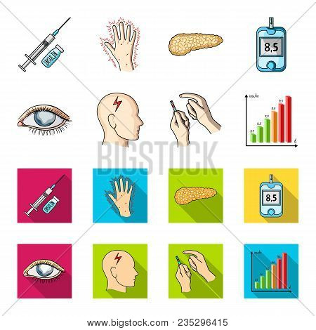 Poor Vision, Headache, Glucose Test, Insulin Dependence. Diabetic Set Collection Icons In Cartoon, F