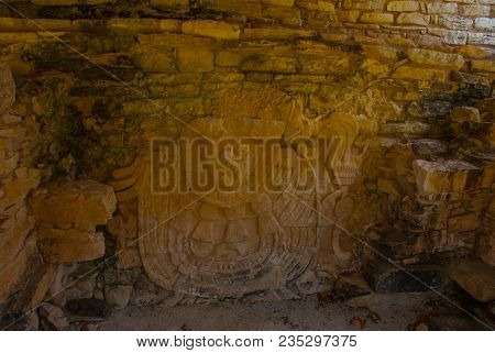 Palenque, Chiapas, Mexico. Ancient Mayan Carved Relief With In Temple Ruins. The Famous Archaeologic