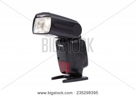 Kyiv, Ukraine - February 28, 2015: Photo Camera Flash Canon 600ex On White Background