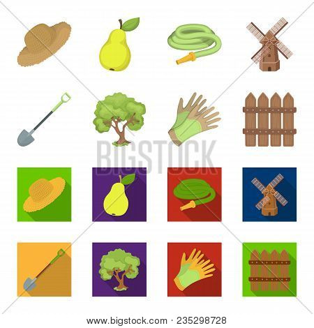 A Shovel With A Handle, A Tree In The Garden, Gloves For Working On A Farm, A Wooden Fence. Farm And