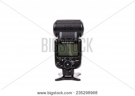 Kyiv, Ukraine - February 28, 2015: Photo Camera Flash Nikon Speedlight Sb-910 On White Background