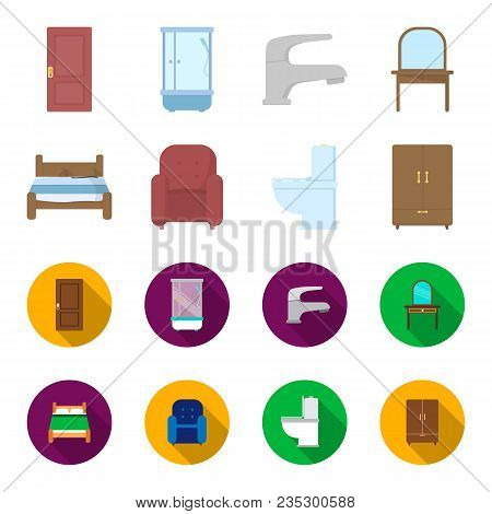 A Bed, An Armchair, A Toilet, A Wardrobe.furniturefurniture Set Collection Icons In Cartoon, Flat St