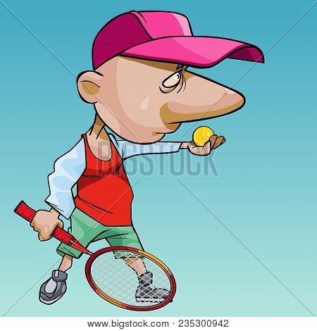 Cartoon Man In A Cap With Big Nose Plays Tennis
