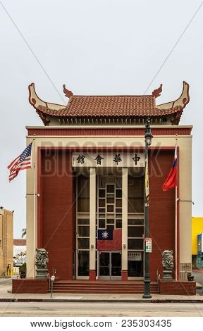 Los Angeles, Ca, Usa - April 5, 2018: Red Chinese Consolidated Benevolent Association Building On Br
