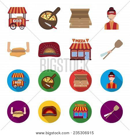 Pizza Dough, Oven, Pizzeria Building, Spatula For Billets. Pizza And Pizzeria Set Collection Icons I