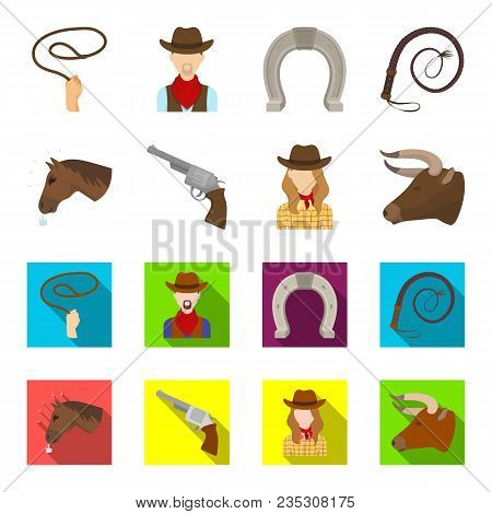 Head Of A Horse, A Bull Head, A Revolver, A Cowboy Girl. Rodeo Set Collection Icons In Cartoon, Flat