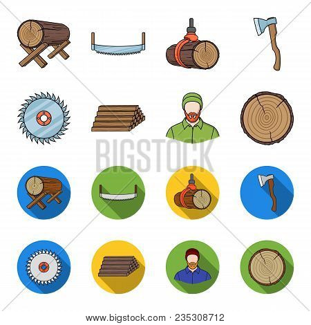 Circular Saw, A Working Carpenter, A Stack Of Logs. A Sawmill And Timber Set Collection Icons In Car