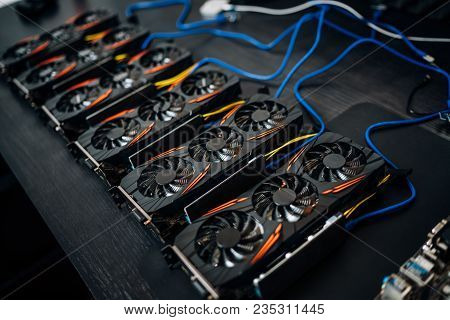 Crypto Currency Mining Components With Graphics Cards And Gpu. Internet Connected Power Rig Mining E
