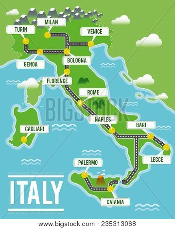 Cartoon Vector Map Of Italy. Travel Illustration With Italian Main Cities.