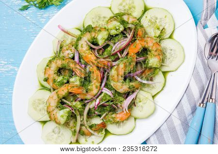 Mexican Cuisine. Aguachile De Camaron. Prawns Aguachile. Shrimps Eviche Cebiche With Cucumber, Lemon