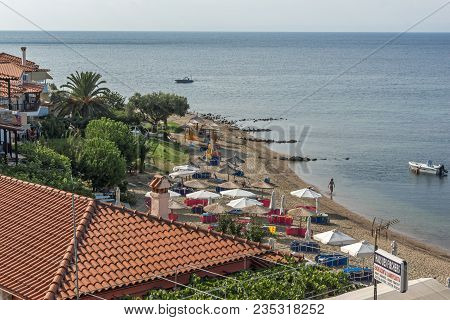 Chalkidiki, Central Macedonia, Greece - August 25, 2014: Panoramic View Of Gea Beach At Sithonia Pen