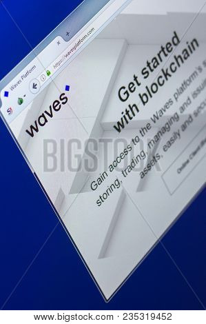 Ryazan, Russia - March 29, 2018 - Homepage Of Waves Crypto Currency On The Pc Display, Web Address -