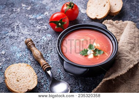 Tomato Soup Gazpacho In Stewpan. Selective Focus