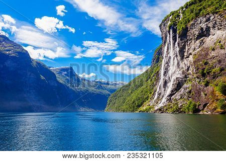 The Seven Sisters Waterfall Over Geirangerfjord, Located Near The Geiranger Village, Norway