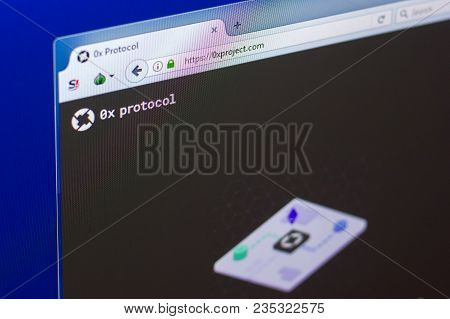 Ryazan, Russia - March 29, 2018 - Homepage Of 0x Cryptocurrency On The Pc Display, Web Address - 0xp