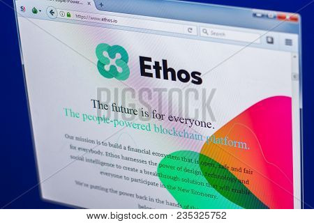 Ryazan, Russia - March 29, 2018 - Homepage Of Ethos Crypto Currency On The Display Of Pc, Web Addres