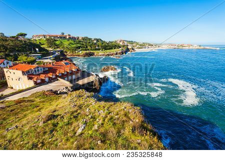 Comillas City Beach Aerial Panoramic View, Cantabria Region Of Spain