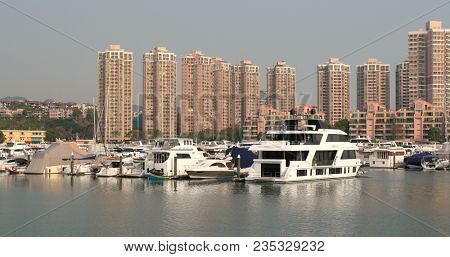 Tuen Mun, Hong Kong, 22 March 2018: Hong Kong Cruise in typhoon shelter 