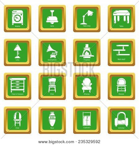 Interior Furniture Icons Set Vector Green Square Isolated On White Background