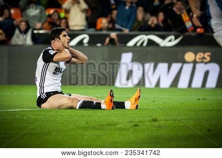 VALENCIA, SPAIN - APRIL 8: Guedes during Spanish La Liga match between Valencia CF and RCD Espanyol at Mestalla Stadium on April 8, 2018 in Valencia, Spain