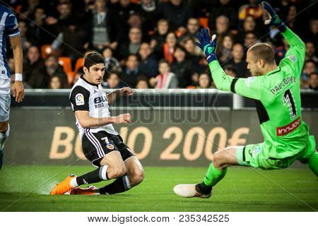 VALENCIA, SPAIN - APRIL 8: (L) Guedes, Pau during Spanish La Liga match between Valencia CF and RCD Espanyol at Mestalla Stadium on April 8, 2018 in Valencia, Spain