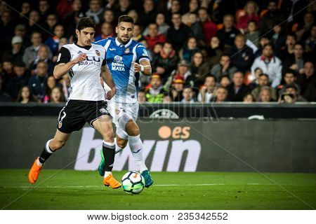 VALENCIA, SPAIN - APRIL 8: Guedes with ball during Spanish La Liga match between Valencia CF and RCD Espanyol at Mestalla Stadium on April 8, 2018 in Valencia, Spain
