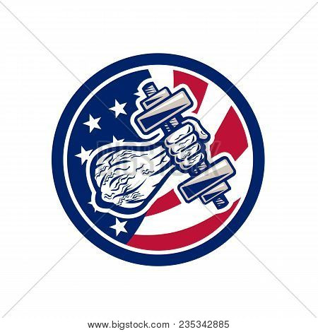 Icon Retro Style Illustration Of An American Personal Trainer Ripped Hand Lifting A Dumbbell With Un