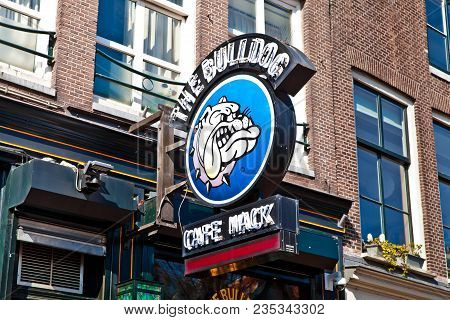Amsterdam, Netherlands - March, 2017: The First Coffeshop Bulldog In Amsterdam City On Red Lights St