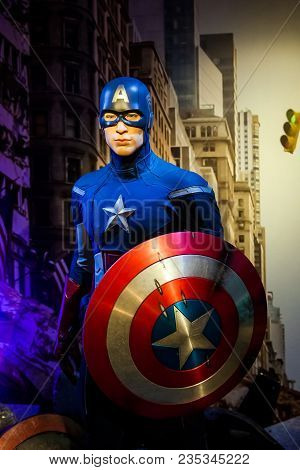 Amsterdam, Netherlands - March, 2017: Wax Figure Of Chris Evans As Captain America In Madame Tussaud
