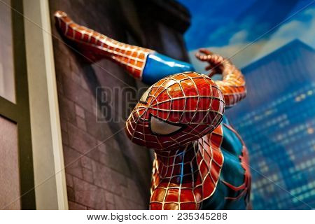 Amsterdam, Netherlands - March, 2017: Spiderman Marvel Comics In Madame Tussauds Wax Museum In Amste