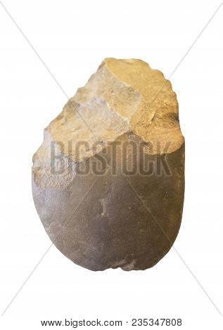 Lower Paleolithic Pebble Biface. Isolated Over White Background