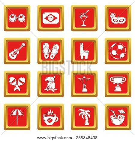 Travel Brazil Icons Set Vector Red Square Isolated On White Background