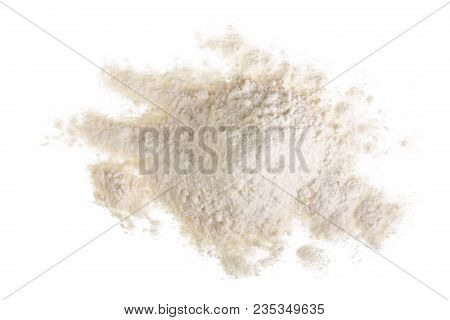Pile Of Flour Isolated On White Background. Top View. Flat Lay.