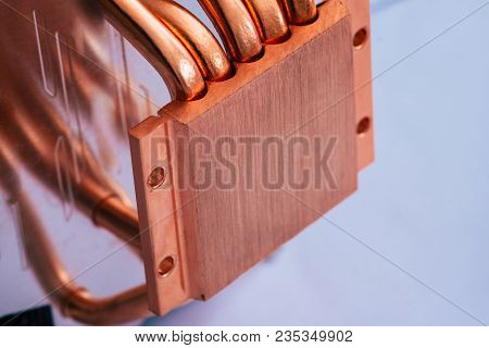 Aluminum Radiator With Copper Heat Pipe Close-up With Beautiful Bokeh Concept Of Air Cooling Of The 