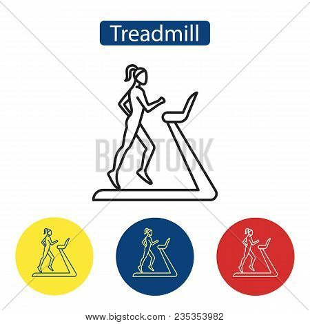 Treadmill Fitness Flat Icons. Girl Is Running On Treadmill. Fitness Equipment Symbols In Colorful Ci